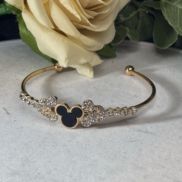 NWOT Gold Tone Sparkling Mickey Ears Cuff Bracelet Black 2 inch - Picture 3 of 4